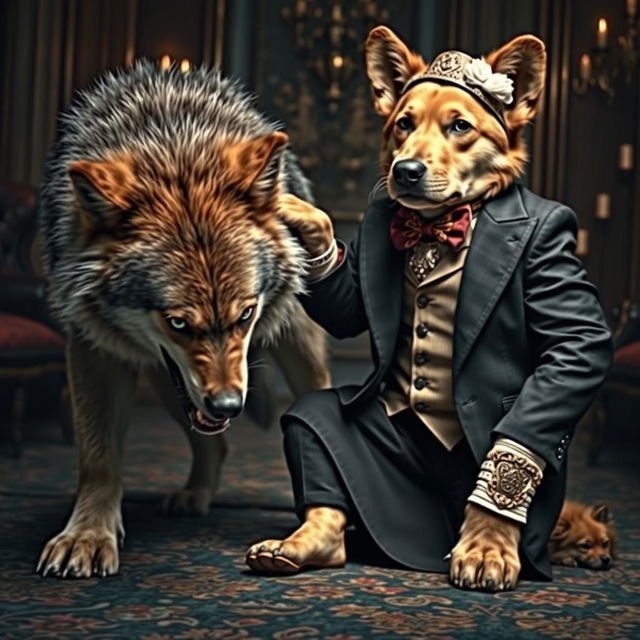 A striking image depicting a fierce, wild wolf with sharp fangs and an imposing presence, bending down in submission before an arrogant, wealthy dog adorned in fancy, luxurious attire