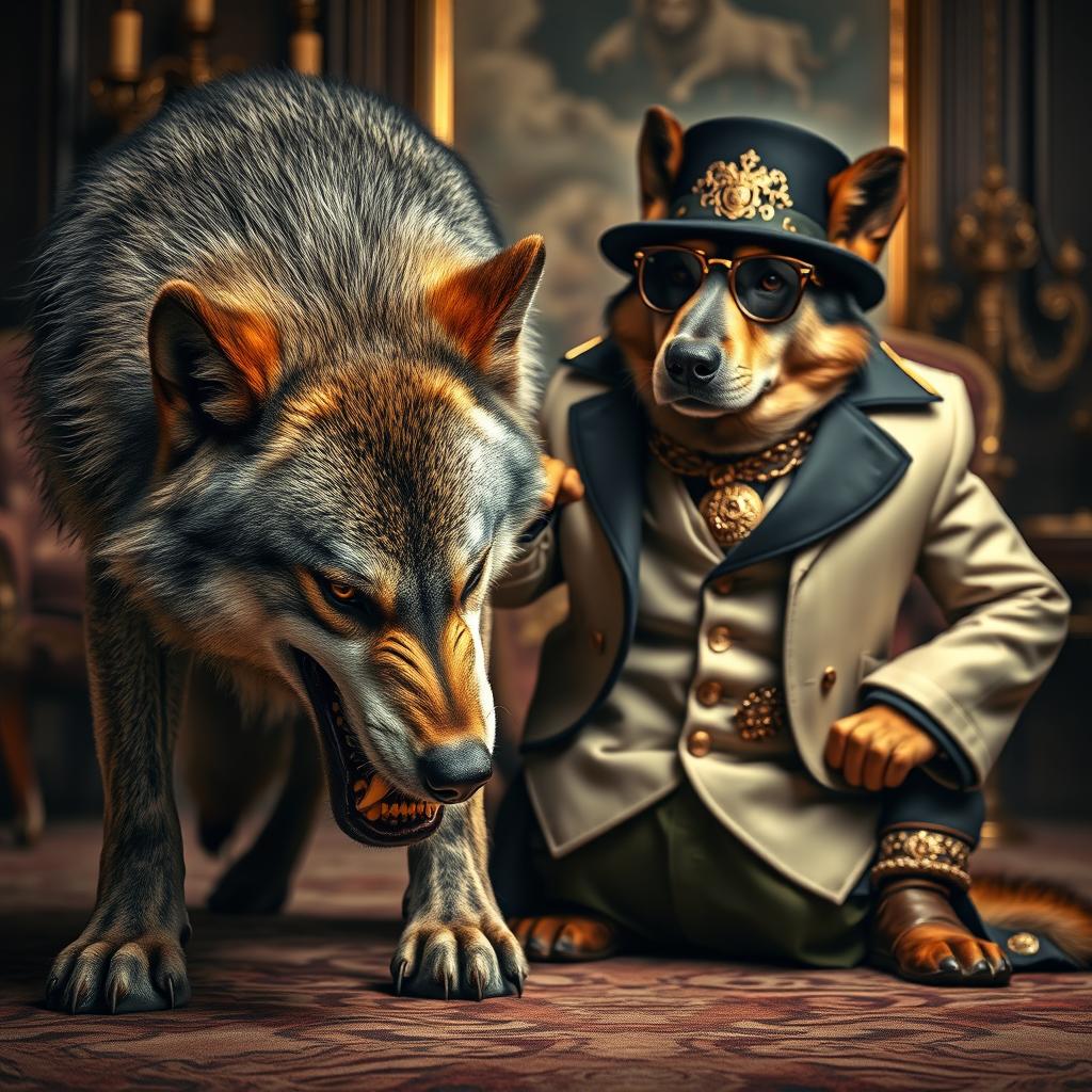 A striking image depicting a fierce, wild wolf with sharp fangs and an imposing presence, bending down in submission before an arrogant, wealthy dog adorned in fancy, luxurious attire