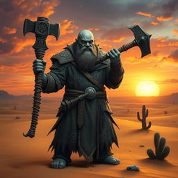 A Duergar cleric standing in a vast desert landscape, wielding a formidable war hammer, adorned with mystical engravings