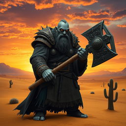 A Duergar cleric standing in a vast desert landscape, wielding a formidable war hammer, adorned with mystical engravings