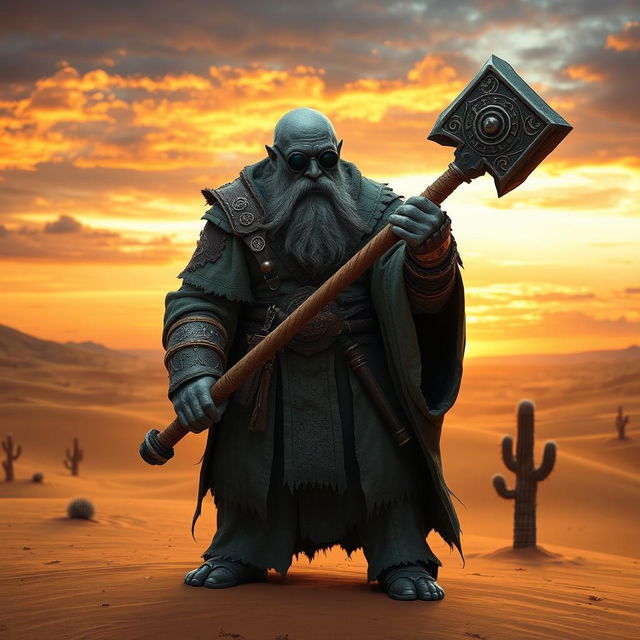 A Duergar cleric standing in a vast desert landscape, wielding a formidable war hammer, adorned with mystical engravings