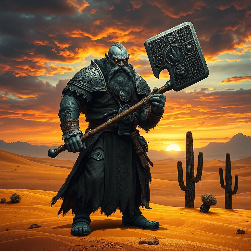 A Duergar cleric standing in a vast desert landscape, wielding a formidable war hammer, adorned with mystical engravings