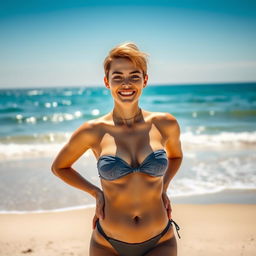 A confident 20-year-old woman with a striking appearance, enjoying a sunny beach day in a stylish bikini