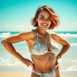A confident 20-year-old woman with a striking appearance, enjoying a sunny beach day in a stylish bikini