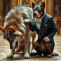 A captivating image portraying a fierce wild wolf with bared teeth, in a position of submission as it bends down before a wealthy, arrogant dog