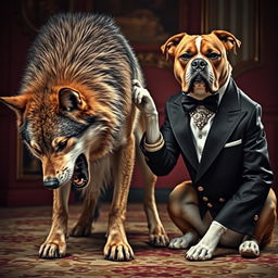 A captivating image portraying a fierce wild wolf with bared teeth, in a position of submission as it bends down before a wealthy, arrogant dog