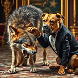 A captivating image portraying a fierce wild wolf with bared teeth, in a position of submission as it bends down before a wealthy, arrogant dog