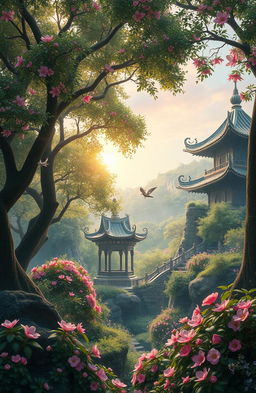 An enchanting scenery inspired by Lạc Mộng Truyện, featuring mystical forests with vibrant flowers and dreamy landscapes