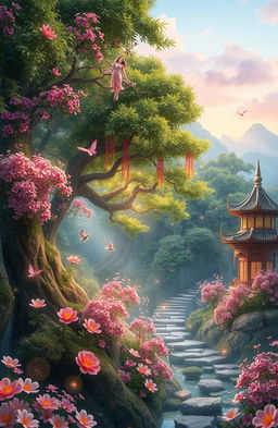 An enchanting scenery inspired by Lạc Mộng Truyện, featuring mystical forests with vibrant flowers and dreamy landscapes