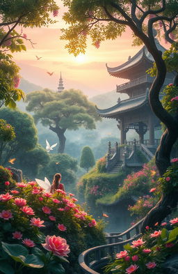 An enchanting scenery inspired by Lạc Mộng Truyện, featuring mystical forests with vibrant flowers and dreamy landscapes