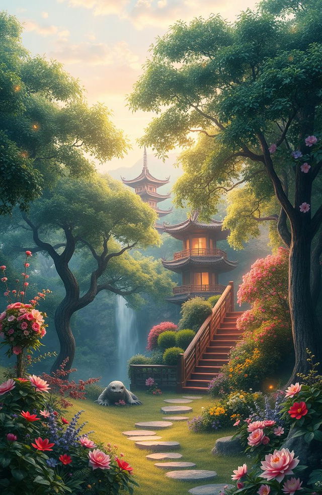 An enchanting scenery inspired by Lạc Mộng Truyện, featuring mystical forests with vibrant flowers and dreamy landscapes