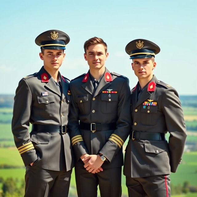 Three young men dressed as military officers, standing together with confident expressions