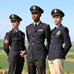 Three young men dressed as military officers, standing together with confident expressions