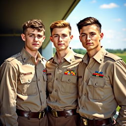 Three young men dressed as military officers, standing together with confident expressions