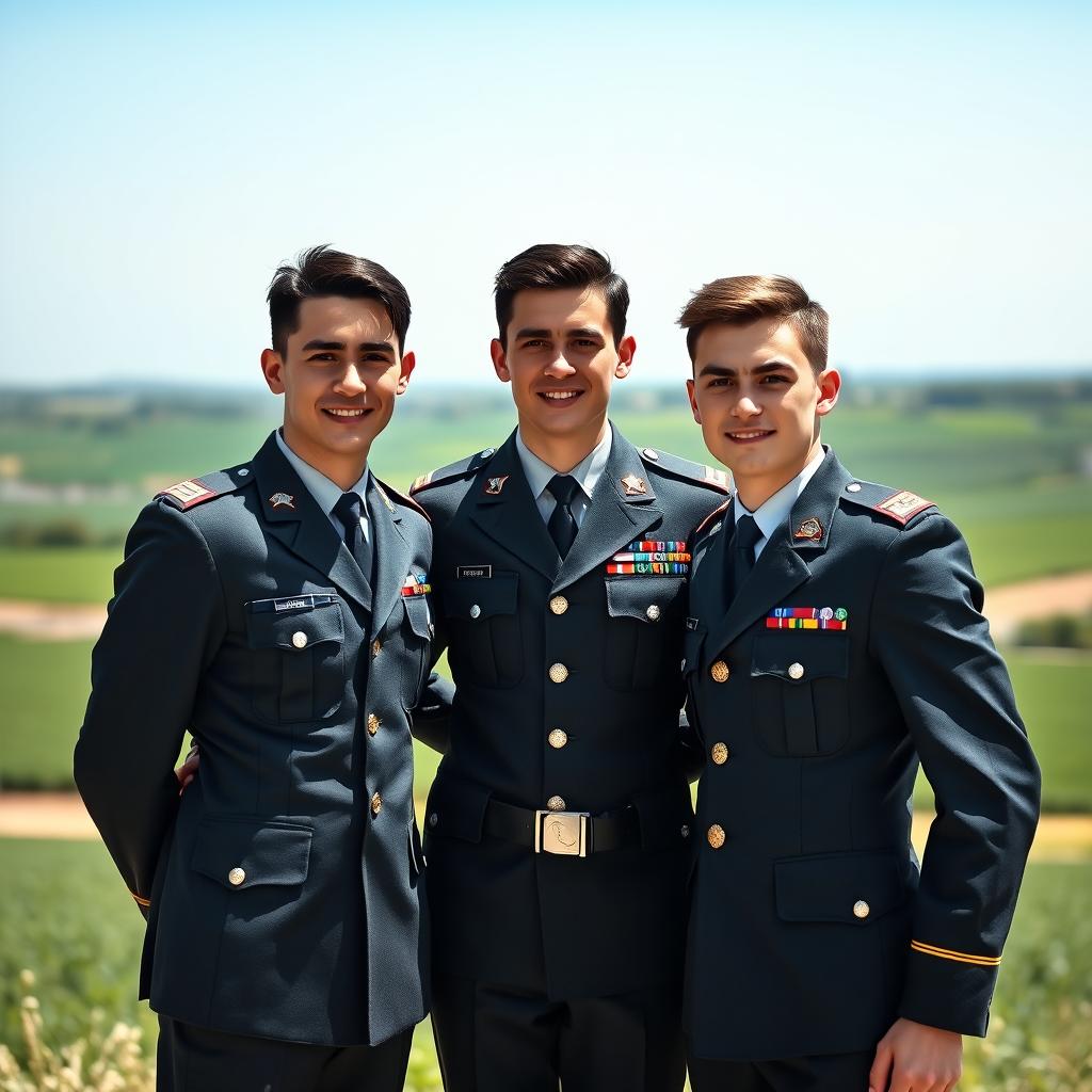 Three young men dressed as military officers, standing together with confident expressions