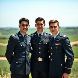 Three young men dressed as military officers, standing together with confident expressions