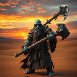 A Duergar cleric standing confidently in a vast desert landscape, wielding a broad axe with intricately designed engravings