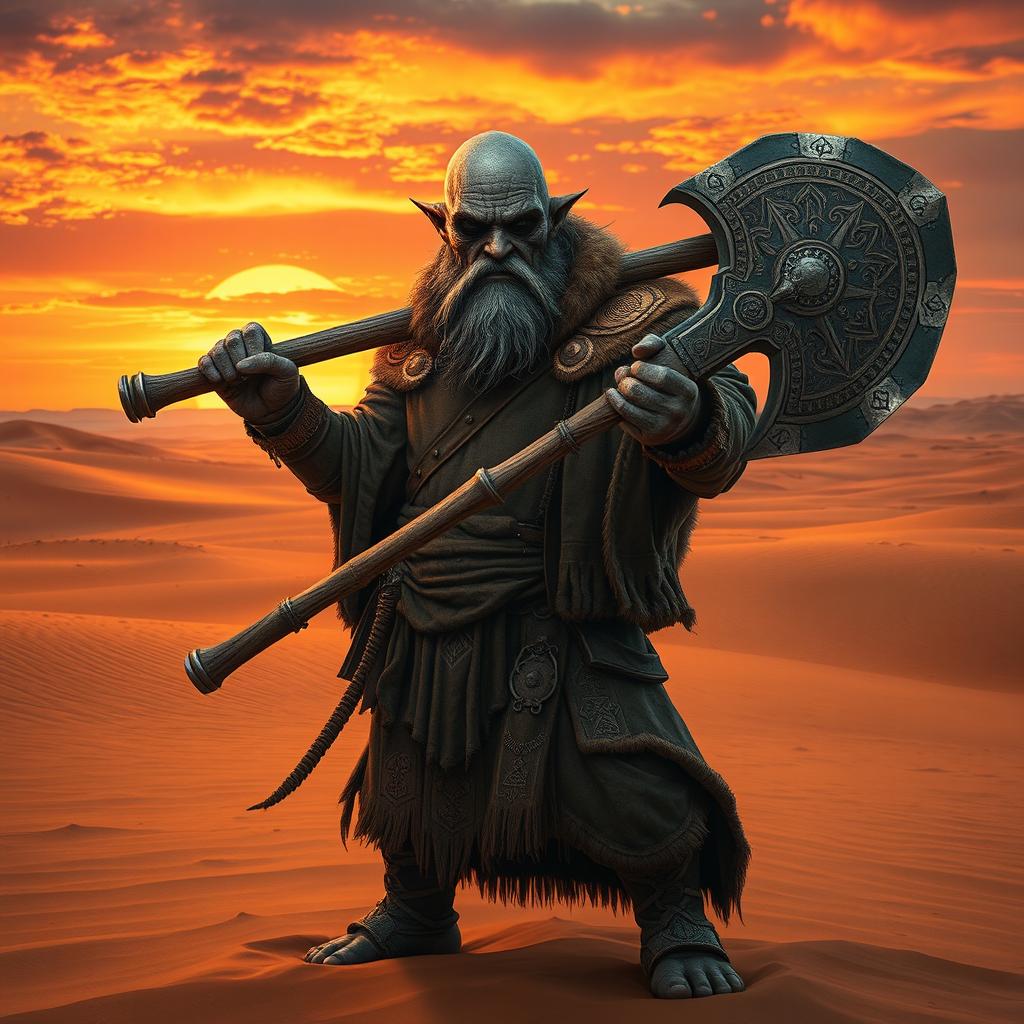 A Duergar cleric standing confidently in a vast desert landscape, wielding a broad axe with intricately designed engravings