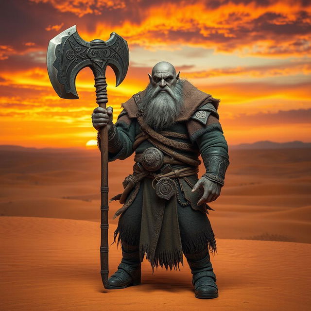 A Duergar cleric standing confidently in a vast desert landscape, wielding a broad axe with intricately designed engravings