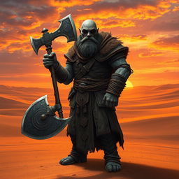 A Duergar cleric standing confidently in a vast desert landscape, wielding a broad axe with intricately designed engravings