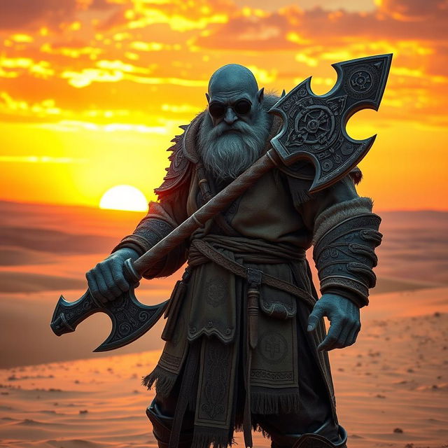 A Duergar cleric standing confidently in a vast desert landscape, wielding a double-headed broad axe intricately designed with ancient engravings