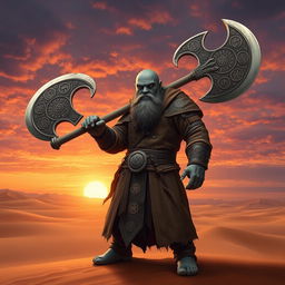 A Duergar cleric standing confidently in a vast desert landscape, wielding a double-headed broad axe intricately designed with ancient engravings