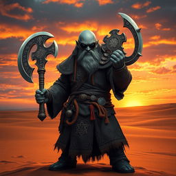 A Duergar cleric standing confidently in a vast desert landscape, wielding a double-headed broad axe intricately designed with ancient engravings