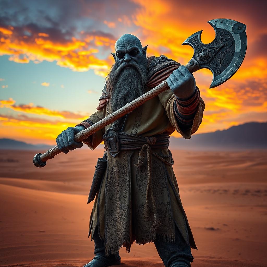 A Duergar cleric standing confidently in a vast desert landscape, wielding a double-headed broad axe intricately designed with ancient engravings