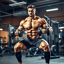 A muscular man performing squats in a gym, showcasing a full body shot