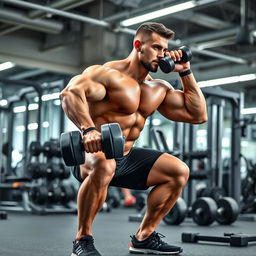 A muscular man performing squats in a gym, showcasing a full body shot