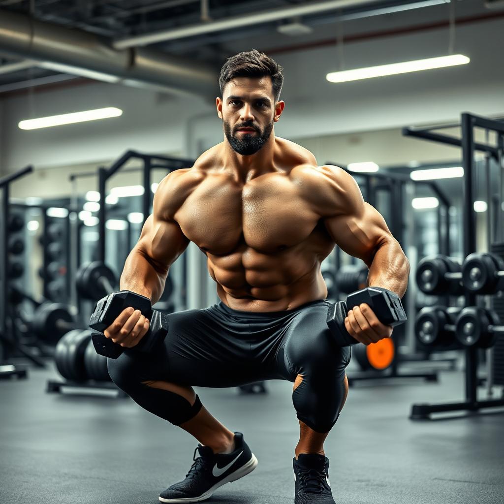 A muscular man performing squats in a gym, showcasing a full body shot