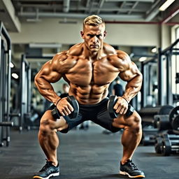 A muscular man performing squats in a gym, showcasing a full body shot