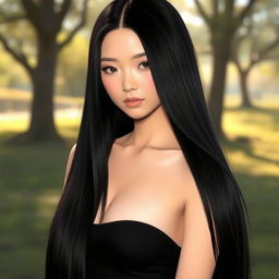 A character with sleek, straight black hair flowing down to their shoulders, shiny and well-kept, standing in a soft-lit environment, showcasing beauty and elegance