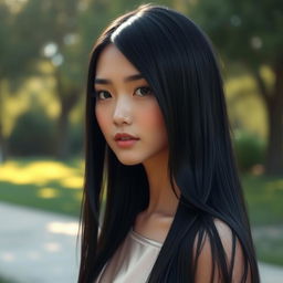 A character with sleek, straight black hair flowing down to their shoulders, shiny and well-kept, standing in a soft-lit environment, showcasing beauty and elegance