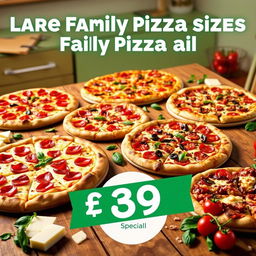A vibrant advertisement showcasing a variety of large, family-sized pizzas