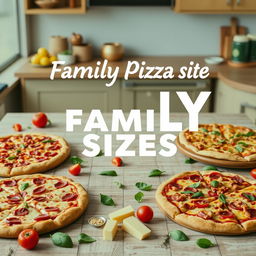 A vibrant advertisement showcasing a variety of large, family-sized pizzas