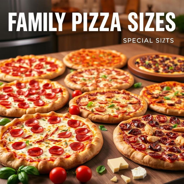 A vibrant advertisement showcasing a variety of large, family-sized pizzas