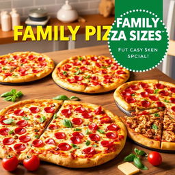 A vibrant advertisement showcasing a variety of large, family-sized pizzas