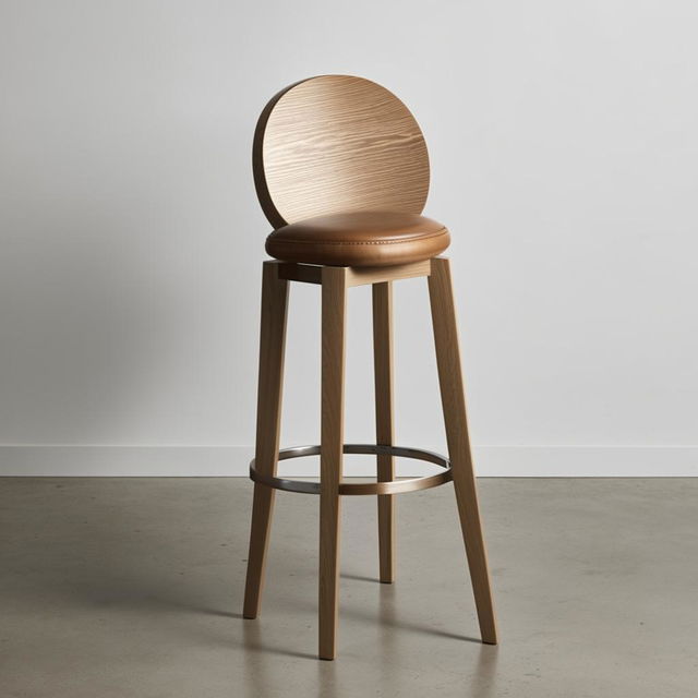 A classic, polished oak bar stool with a circular cushioned seat and sleek steel foot rest.