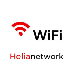 A Wifi logo prominently displayed next to the text 'Helianetwork', both designed using a striking combination of red and black colors