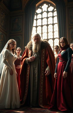 An emotional scene depicting King Lear surrounded by his three daughters in a grand castle hall