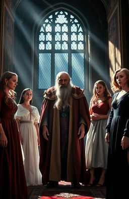 An emotional scene depicting King Lear surrounded by his three daughters in a grand castle hall