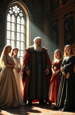 An emotional scene depicting King Lear surrounded by his three daughters in a grand castle hall