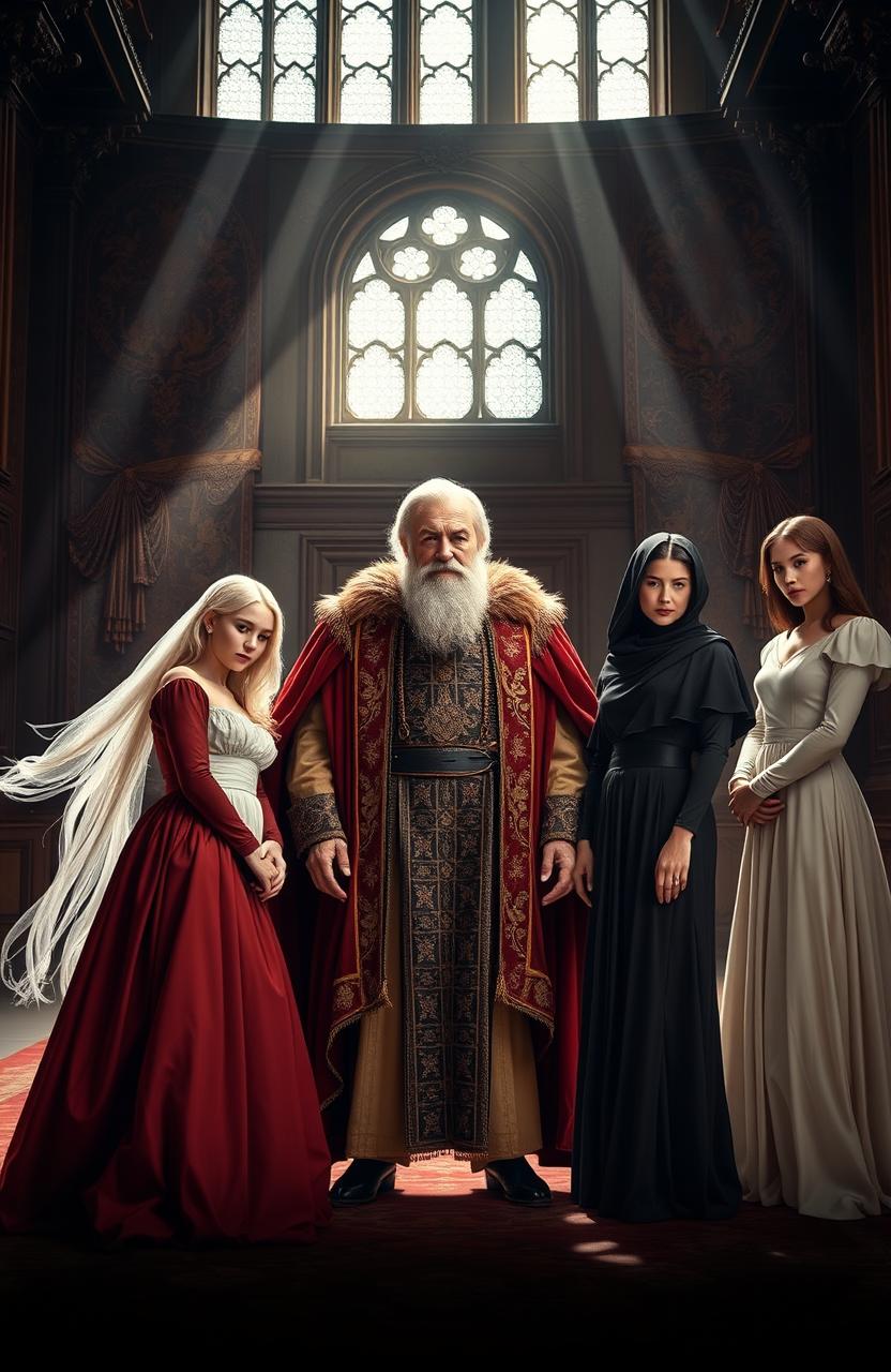 An emotional scene depicting King Lear surrounded by his three daughters in a grand castle hall