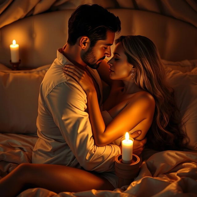 An intimate scene featuring a couple in a passionate embrace, surrounded by soft candlelight that casts a warm glow on their sensual expressions