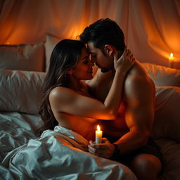 An intimate scene featuring a couple in a passionate embrace, surrounded by soft candlelight that casts a warm glow on their sensual expressions