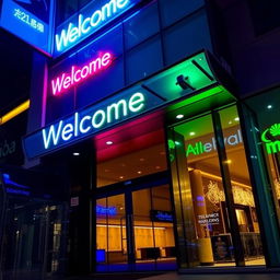 A modern building entrance adorned with striking neon lights, featuring vibrant colors like electric blue, bright pink, and luminous green