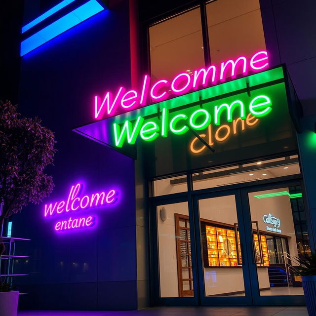 A modern building entrance adorned with striking neon lights, featuring vibrant colors like electric blue, bright pink, and luminous green