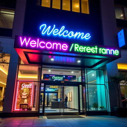 A modern building entrance adorned with striking neon lights, featuring vibrant colors like electric blue, bright pink, and luminous green