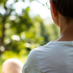A close-up of a person sitting in a serene environment, with a focus on their relaxed shoulders